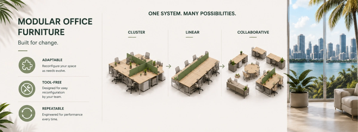 Infographic showing modular office furniture with flexible workspace layouts and reconfigurable workstation configurations.